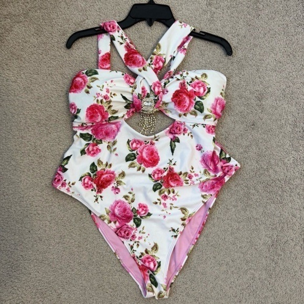 River Island Floral Cut Out One Piece Swimsuit White Pink 12